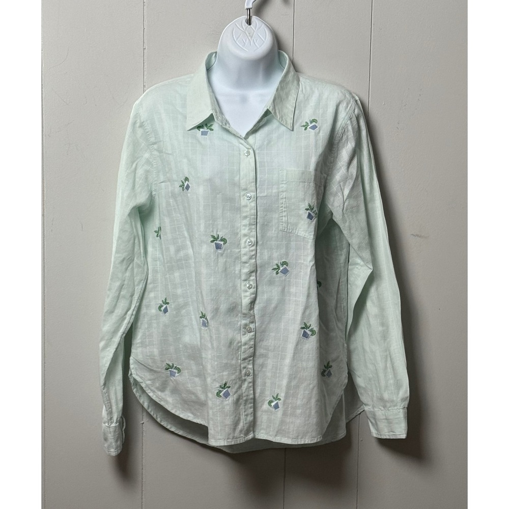 Lucky Brand Women's Mint Green Plaid Embroidered Drinks Button Down Shirt Size M